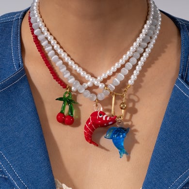 1 Piece Vivid Series Vacation Lobster Glass Stainless Steel Gold Color Women's Beaded Necklaces h5 Picture2