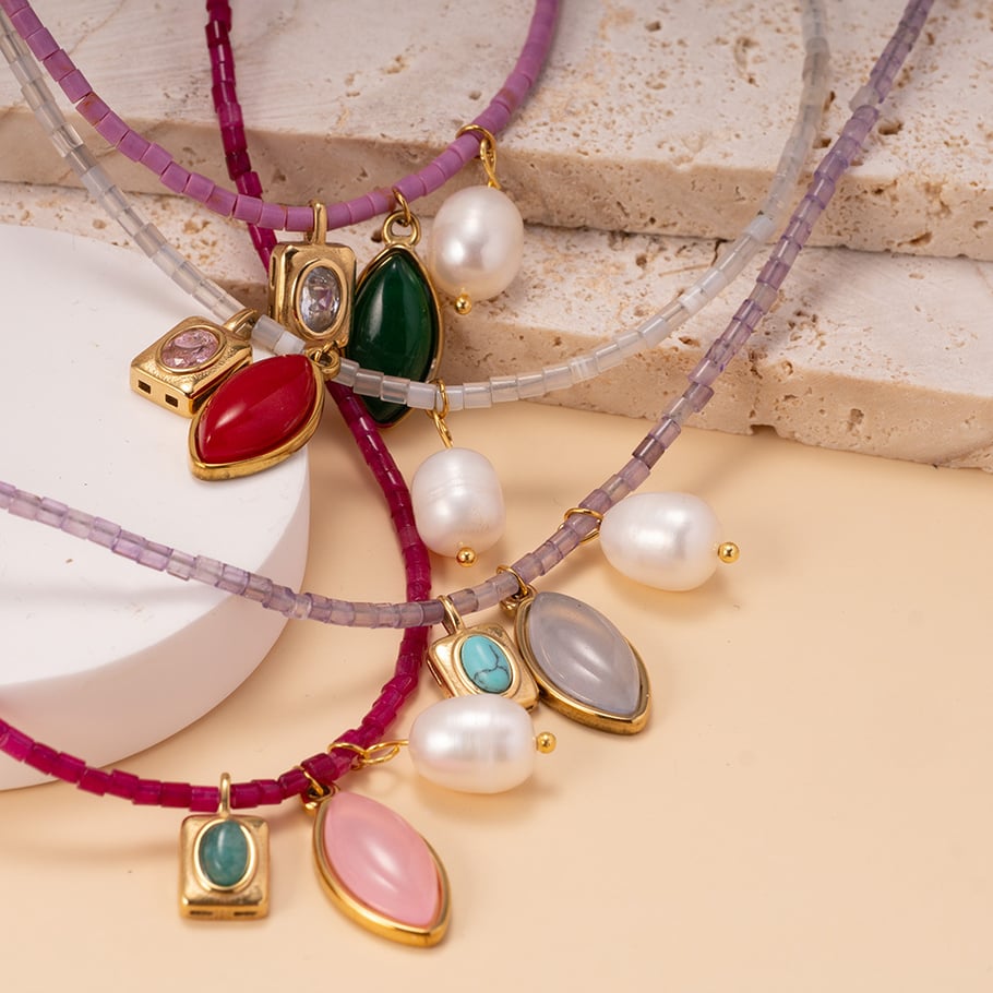 1 Piece Gorgeous Series Sweet Leaf Shape Colorful Natural Stone Stainless Steel Women's Beaded Necklaces Picture2