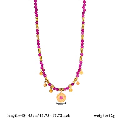 1 Piece Intricate Series Retro Circle Stainless Steel Gold Color Pink Natural Stone Women's Pendant Necklaces h5 