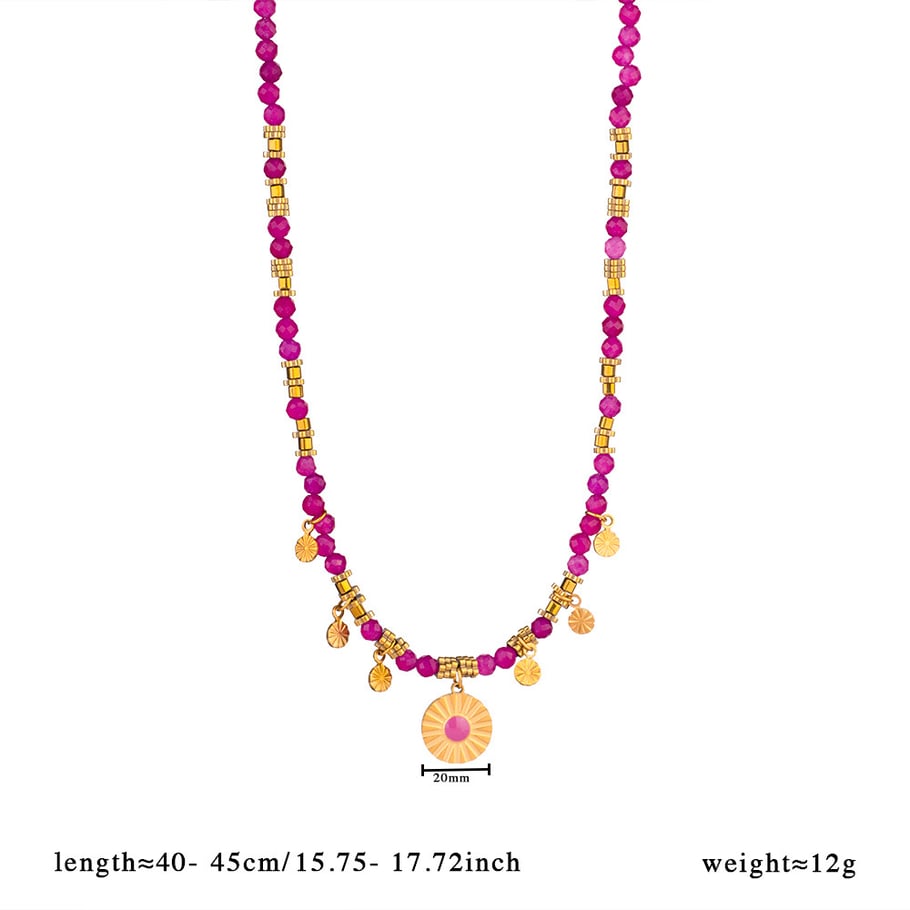 1 Piece Intricate Series Retro Circle Stainless Steel Gold Color Pink Natural Stone Women's Pendant Necklaces 