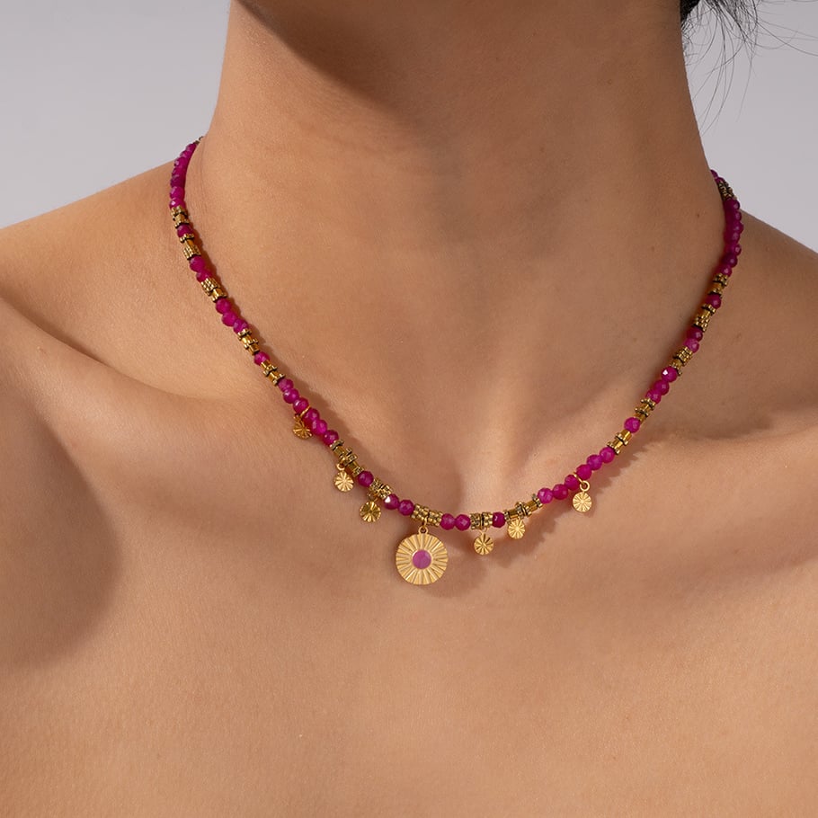 1 Piece Intricate Series Retro Circle Stainless Steel Gold Color Pink Natural Stone Women's Pendant Necklaces Picture2