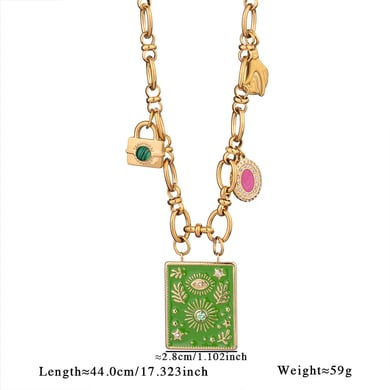 1 Piece Luxurious Series Bohemian Green Eye Tarot Stainless Steel Gold Color Women's Beaded Necklaces h5 