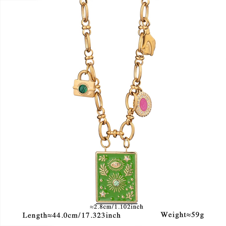 1 Piece Luxurious Series Bohemian Green Eye Tarot Stainless Steel Gold Color Women's Beaded Necklaces 