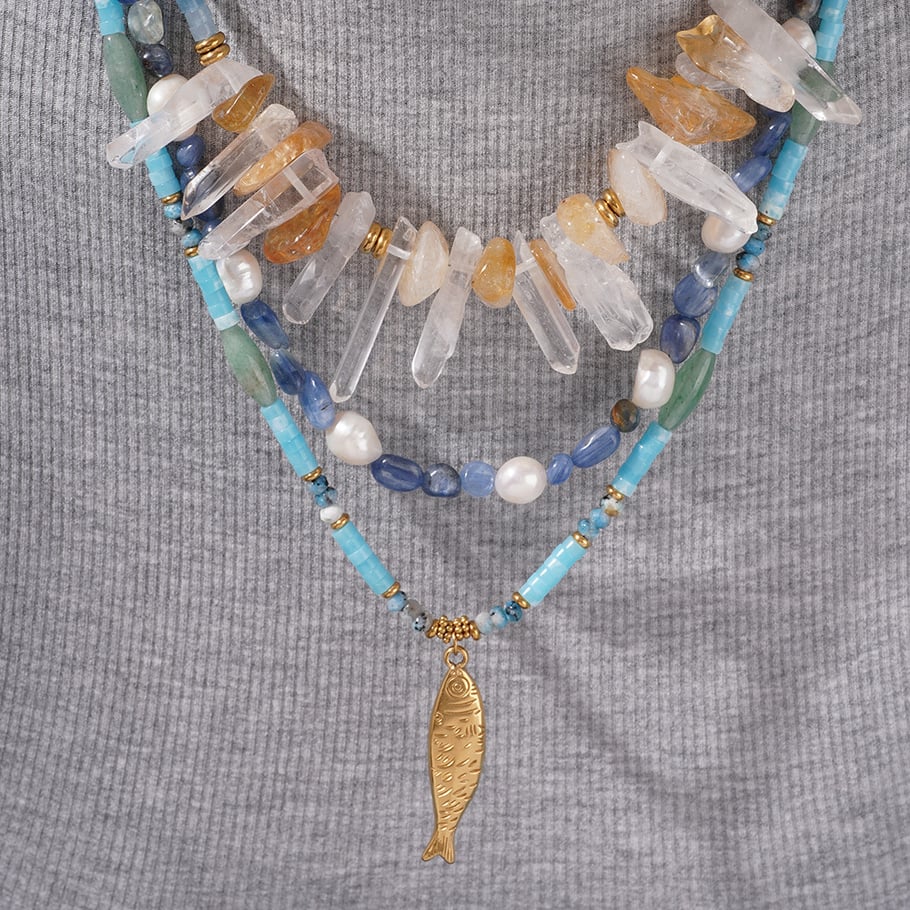 1 Piece Ocean Series Vacation Fish Irregular Crystal Gold Color Natural Stone Women's Beaded Necklaces Picture2
