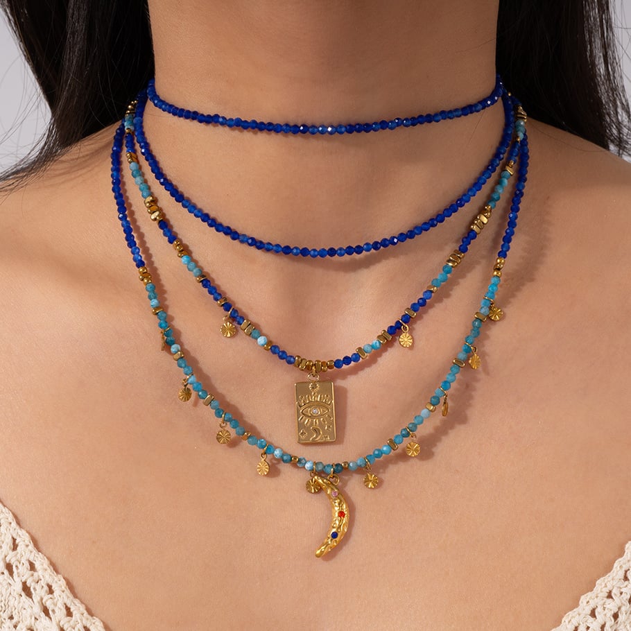 1 Piece Exquisite Series Retro Moon Shape Pendant Stainless Steel Gold Color Women's Beaded Necklaces Picture2