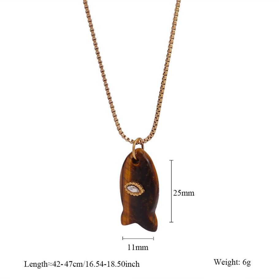 1 Piece Lustrous Series Textured FishStainless Steel Gold Color Natural Stone Women's Pendant Necklaces 
