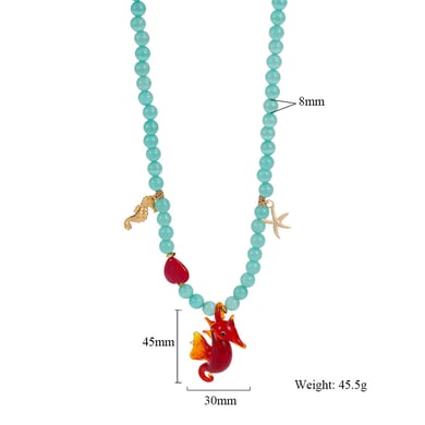 1 Piece Vivid Series Vacation Glass Sea Horse Stainless Steel Gold Color Natural Stone Women's Beaded Necklaces h5 