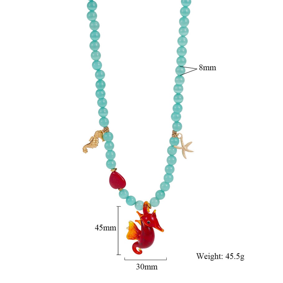 1 Piece Vivid Series Vacation Glass Sea Horse Stainless Steel Gold Color Natural Stone Women's Beaded Necklaces 