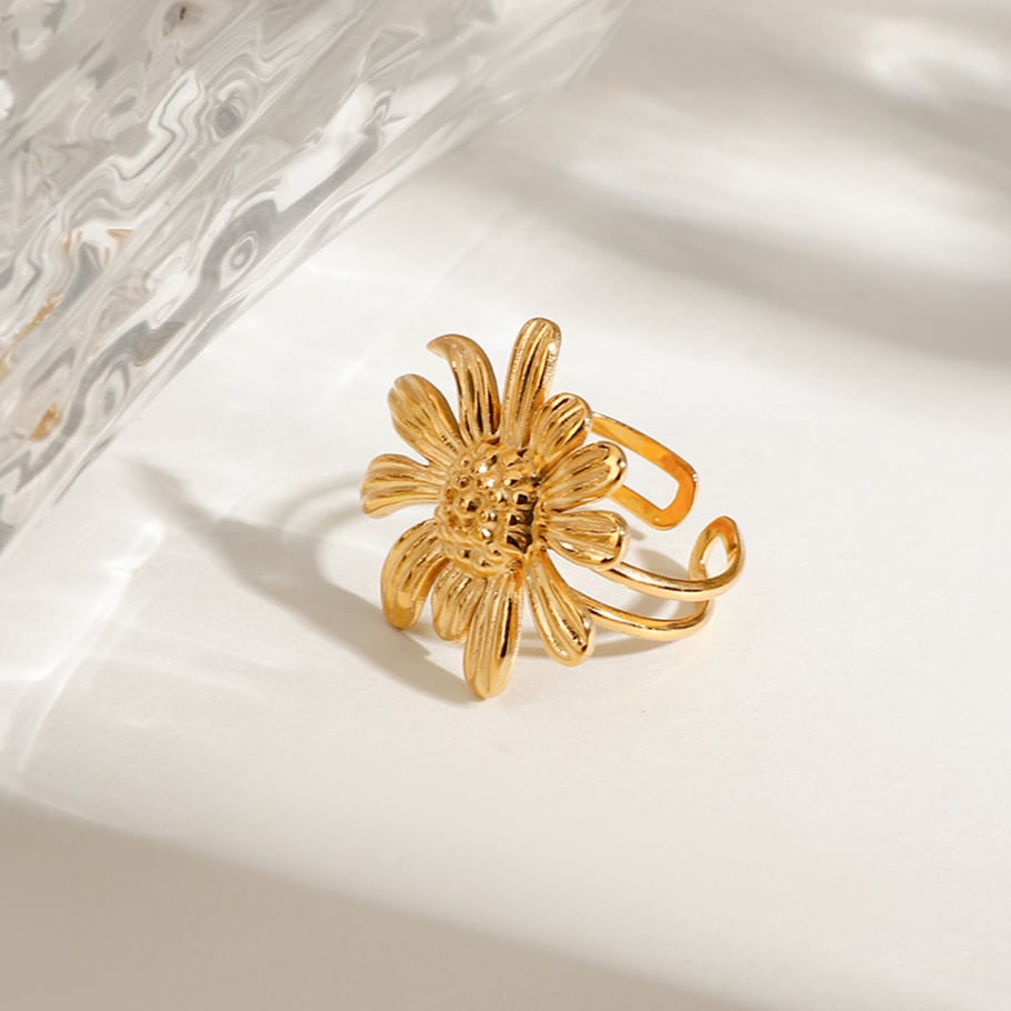1 Piece Retro Flower Stainless Steel Gold Color Women's Adjustable Rings Picture2