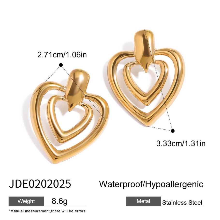 1 Pair Original Design Heart Stainless Steel Gold Color Women's Stud Earrings 