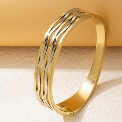1 Piece Modern Series Casual Wave Strip Stainless Steel Gold Color Women's Bangles h5 Picture2