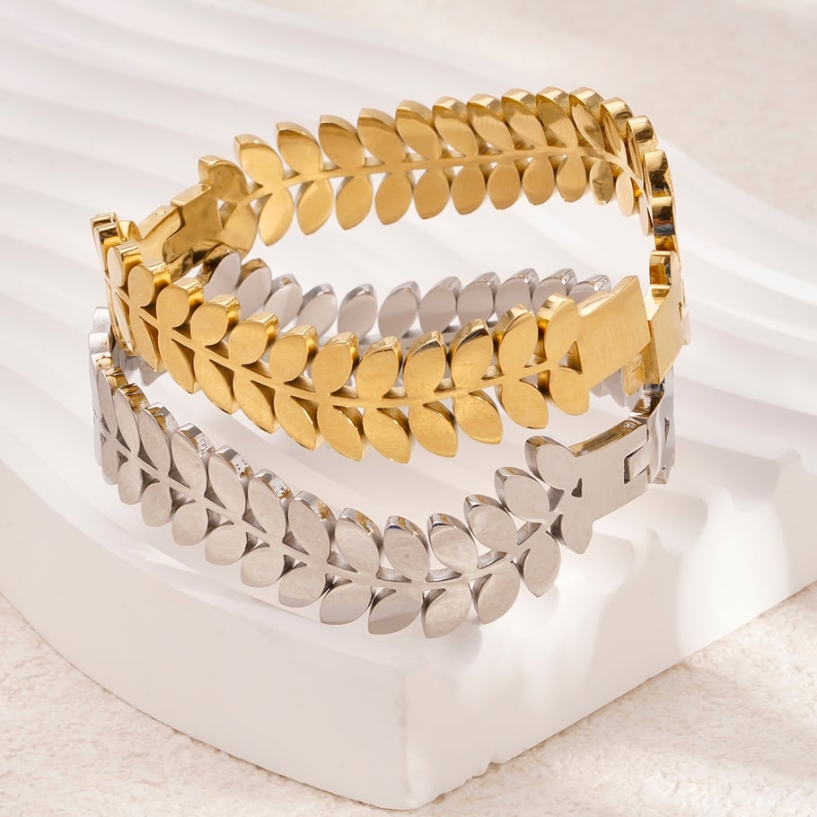 1 Stück Simple Series Natürliche Pflanzen Edelstahl Gold Farbe Damen Armreifen Bild2