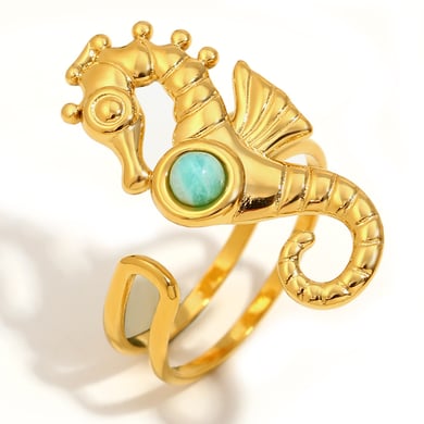 Seahorse Stainless Steel Gold Color Adjustable Rings h5 