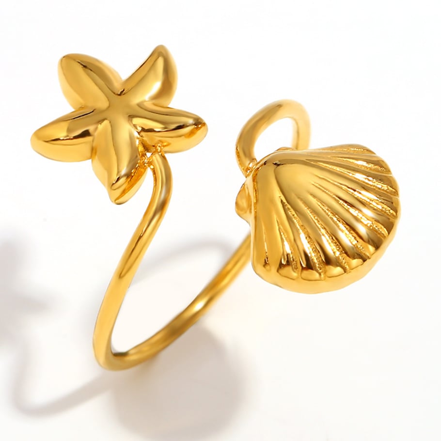 Starfish & Shell Stainless Steel Gold Color Adjustable Rings 