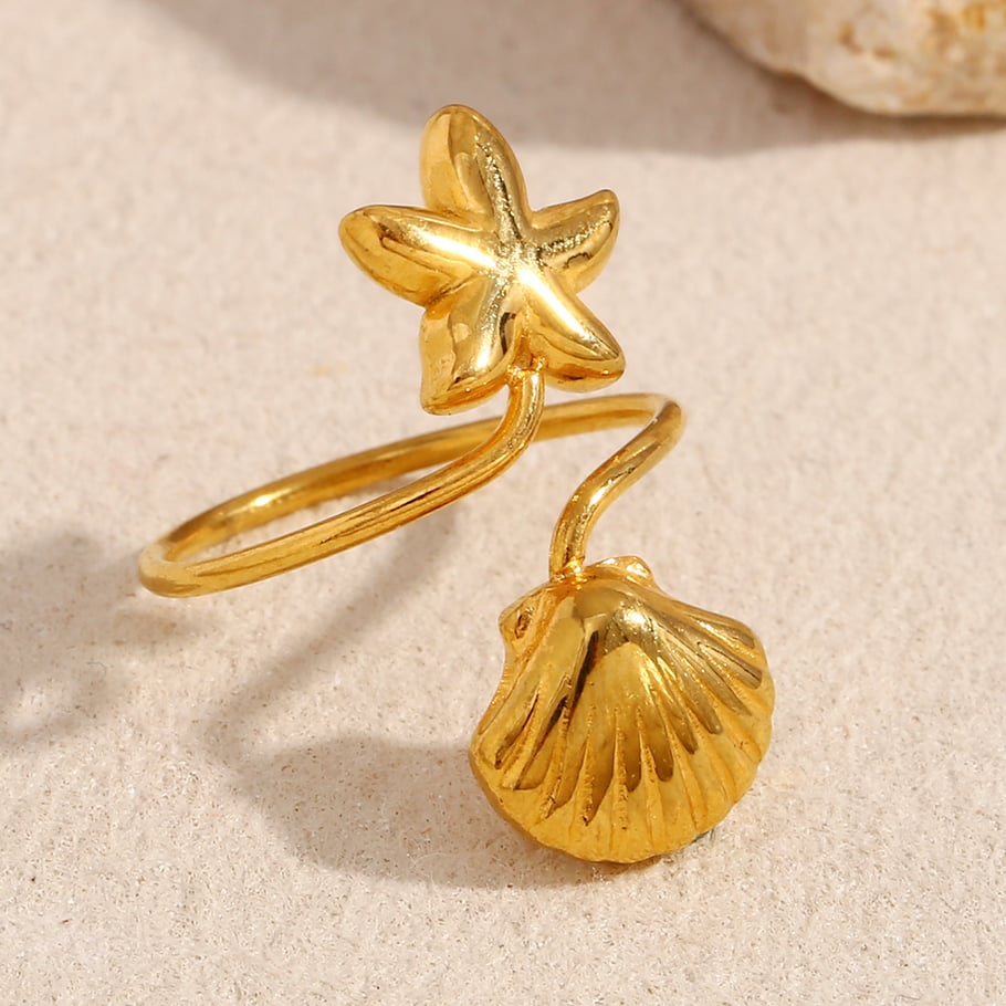 Starfish & Shell Stainless Steel Gold Color Adjustable Rings Picture2