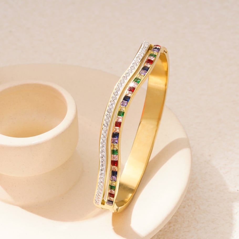 1 Piece Dazzling Series Elegant Mixed Color Curve Stainless Steel Gold Color Women's Bangles Picture2