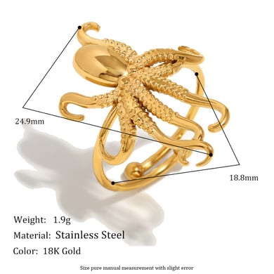 Octopus Stainless Steel Gold Color Adjustable Rings h5 Picture2