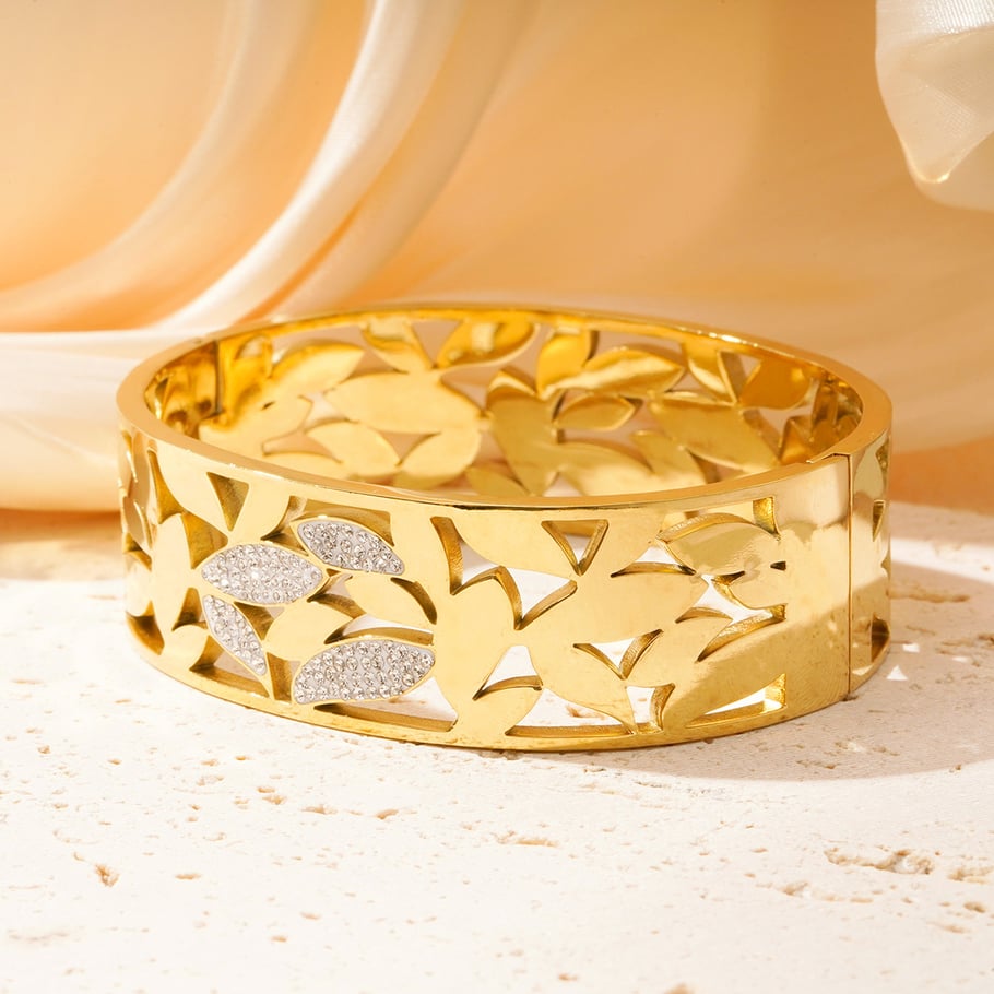 1 Piece Intricate Series Natural Leaves Stainless Steel Gold Color Women's Bangles Picture2