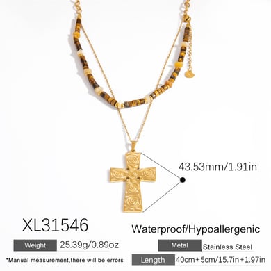 1 Stück Simple Series Retro Kreuz Edelstahl Gold Farbe Naturstein Damen Perlen Halsketten h5 