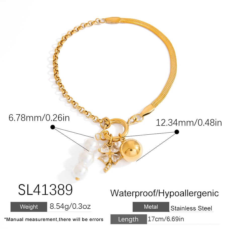 1 Stück Simple Series Retro Kleeblatt Edelstahl Gold Farbe Zirkon Damen Charm Armbänder 