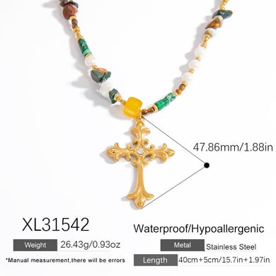 1 Piece Intricate Series Retro Cross Stainless Steel Gold Color Natural Stone Women's Beaded Necklaces h5 