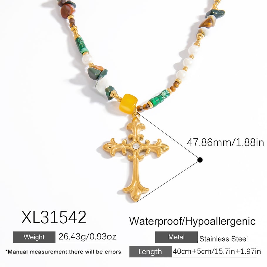 1 Piece Intricate Series Retro Cross Stainless Steel Gold Color Natural Stone Women's Beaded Necklaces 