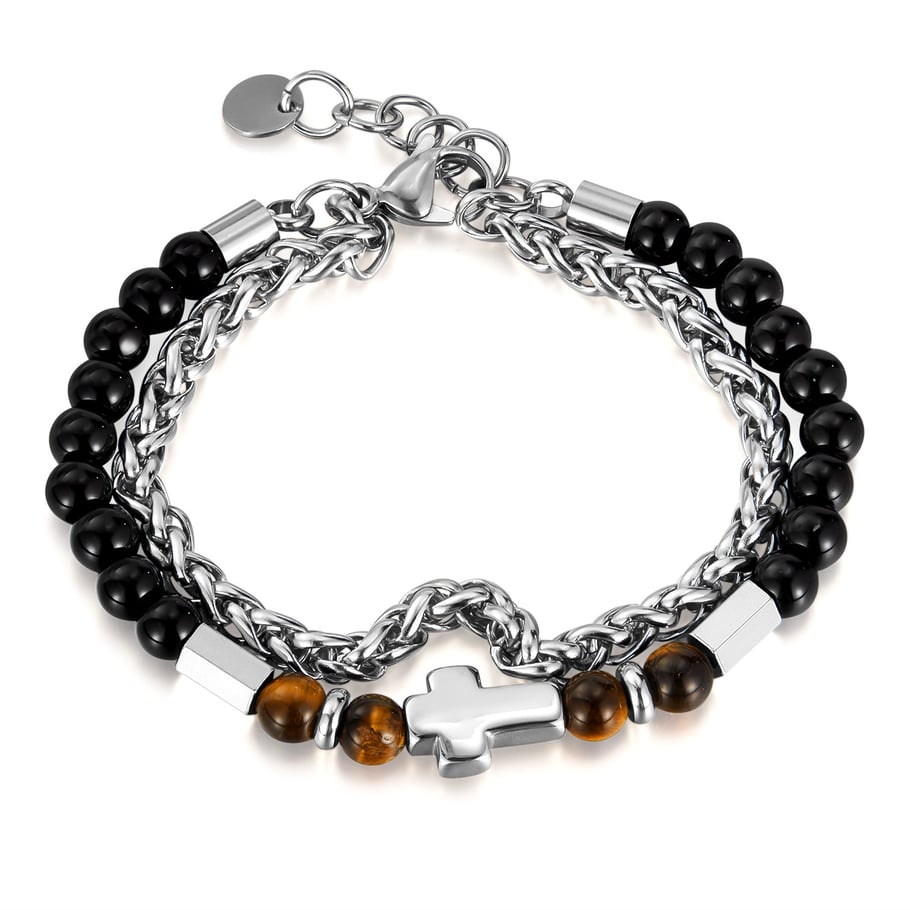 Retro Cross Tiger-eye Stone Stainless Steel Men's Beaded Bracelets 