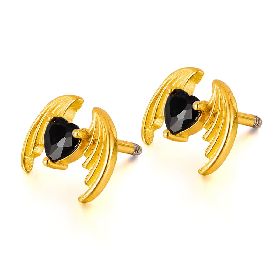 1 Piece Intricate Series Heart Wings Stainless Steel Gold Color Men's Earrings 