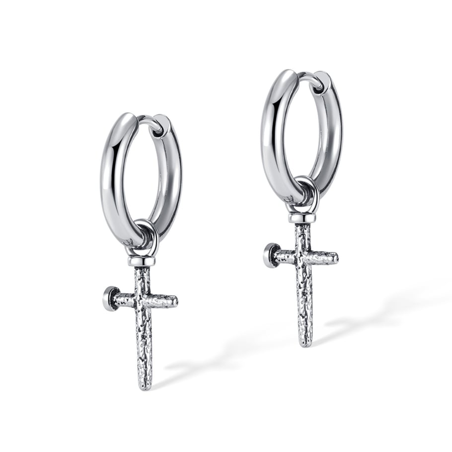 1 Pair Modern Cross Hammered texture Stainless Steel Men's Stud Earrings 