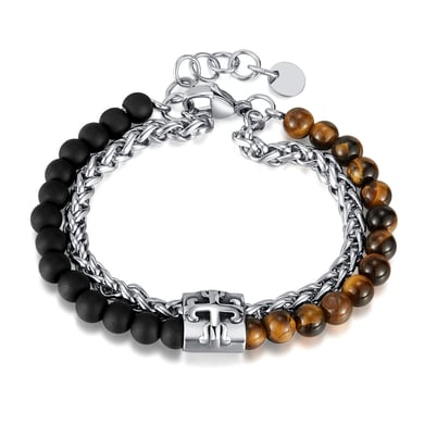 1 Piece Tiger-eye Stone Double-layer Stainless Steel Men's Beaded Bracelets h5 
