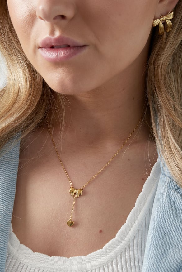 Necklace with bow heart pendant - Stainless steel