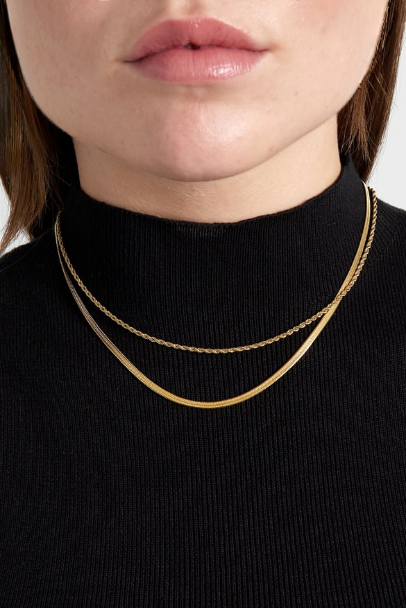 Doppelte Halskette „Flat and Chain“ – Goldfarbe - Goldfarbefarbe 2