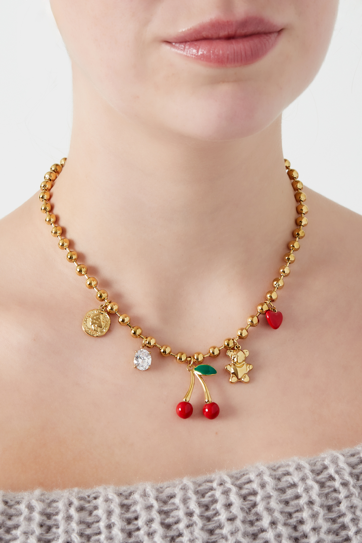Cherry Chaser Charm Necklace - Gold color Colored