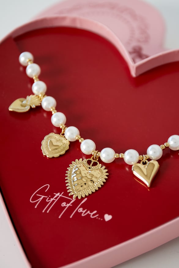 Geschenk der Liebe Halskette mit Perlenherzen aus Edelstahl - Goldfarben