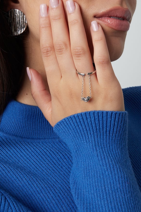Ring heart with chain - Silver Color color