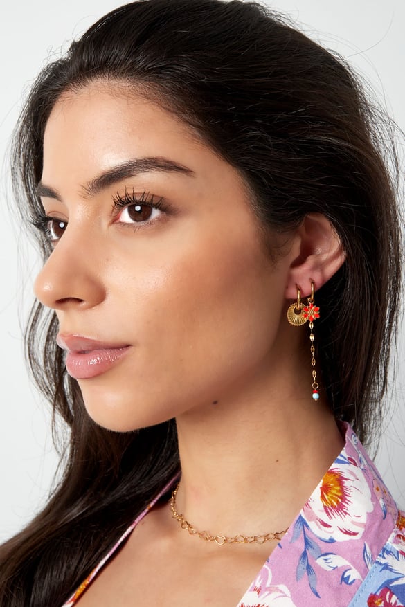 earring flower with chain and beads red 2