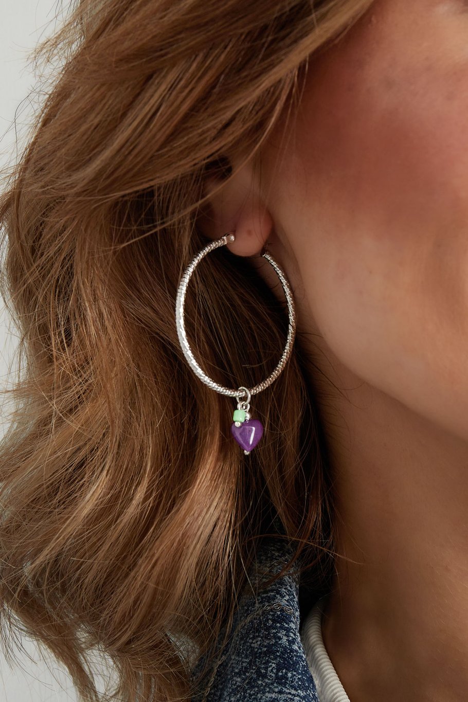 Earrings natural stone purple heart - Silver Color color Picture3