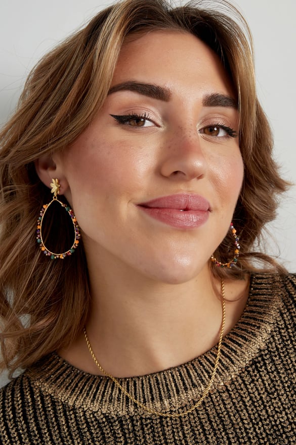 Drop earrings with beads and flower - Gold color/pink