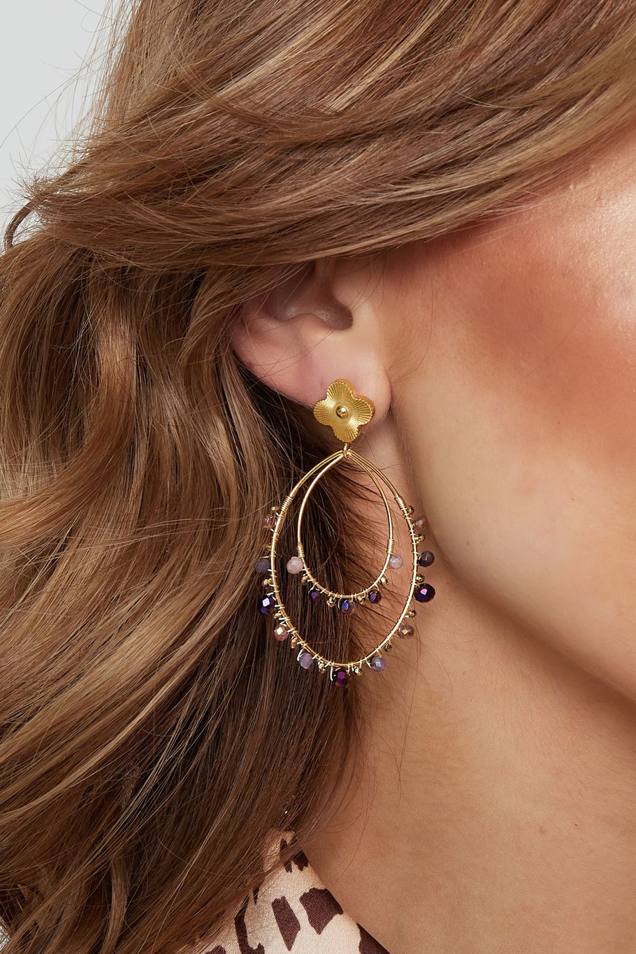 Oval earrings with beads - Gold color/black h5Picture3