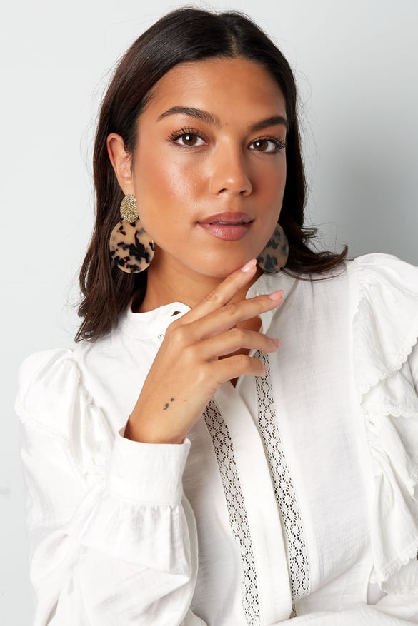 Statement earrings with print - Gold color/camel 2