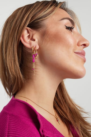 Earrings tube beads with chains - Gold color/fuchsia h5 Picture2