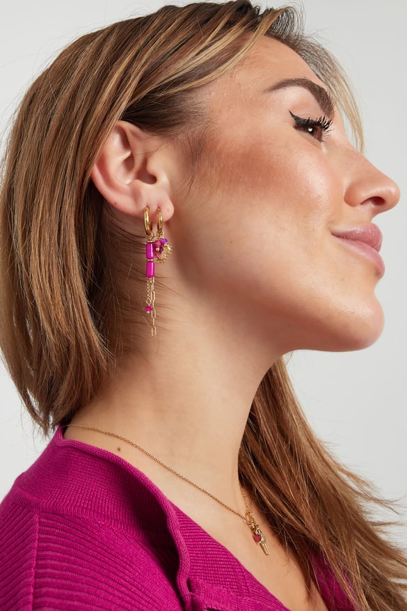 Orecchini perline tubolari con catene - Colore oro/fucsia