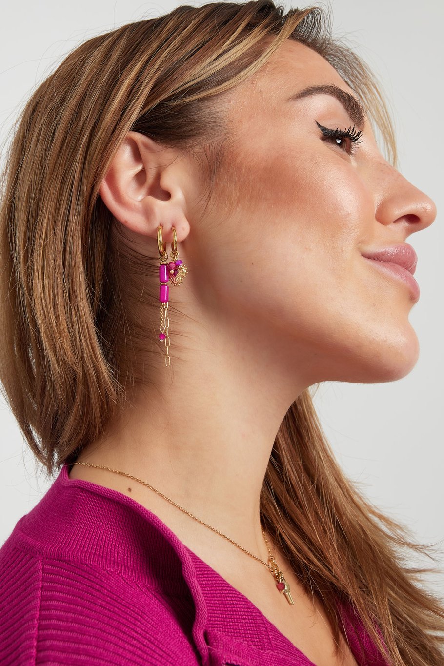 Earrings tube beads with chains - Gold color/fuchsia Picture2