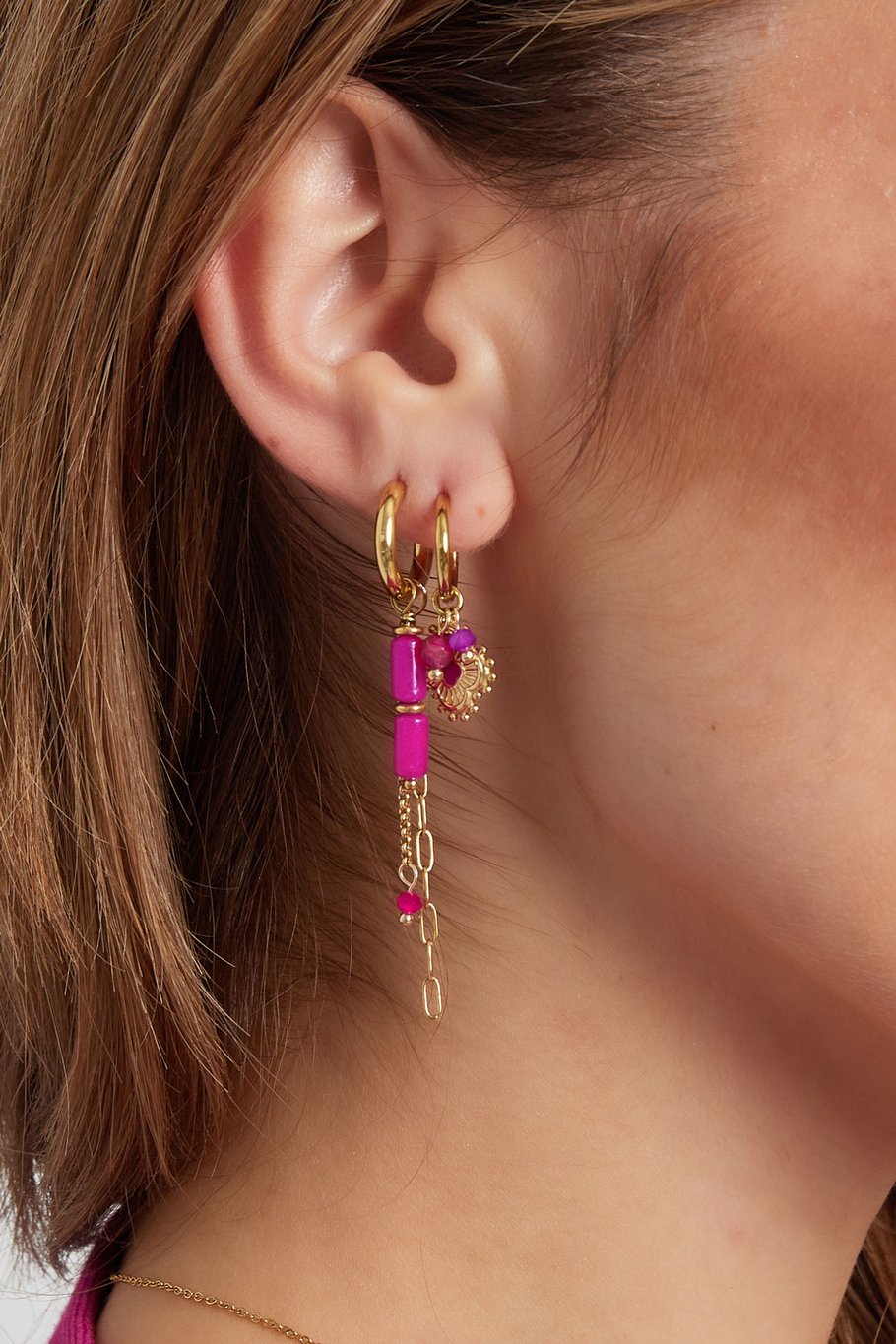Earrings tube beads with chains - Gold color/fuchsia Picture3