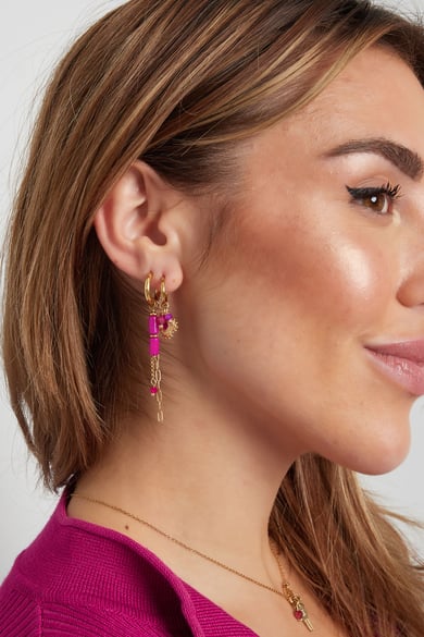 Earrings tube beads with chains - Gold color/fuchsia h5 Picture4