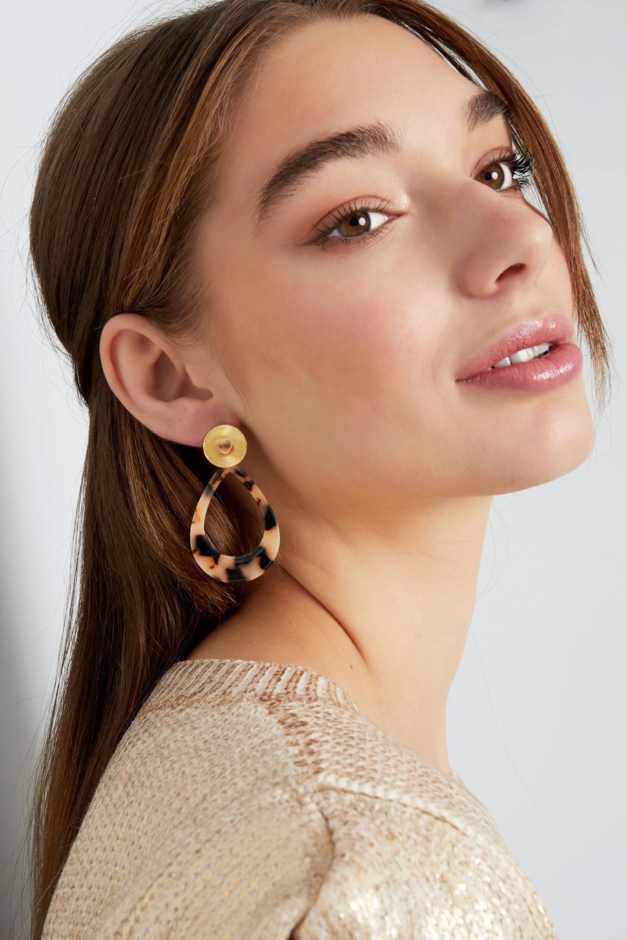 Earrings heart coin with oval - Gold color/beige Picture2