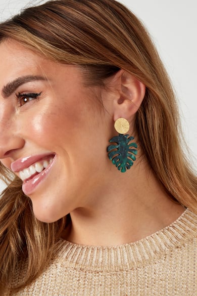 Earrings leaves with print - Gold color/green h5 Picture2
