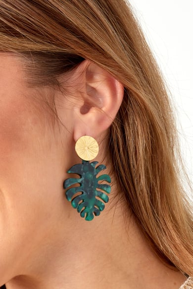 Earrings leaves with print - Gold color/green h5 Picture3