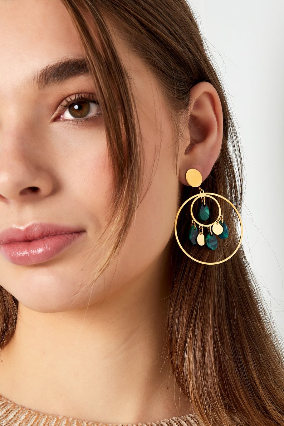 Earrings circles with coins - Gold color/green h5Picture3