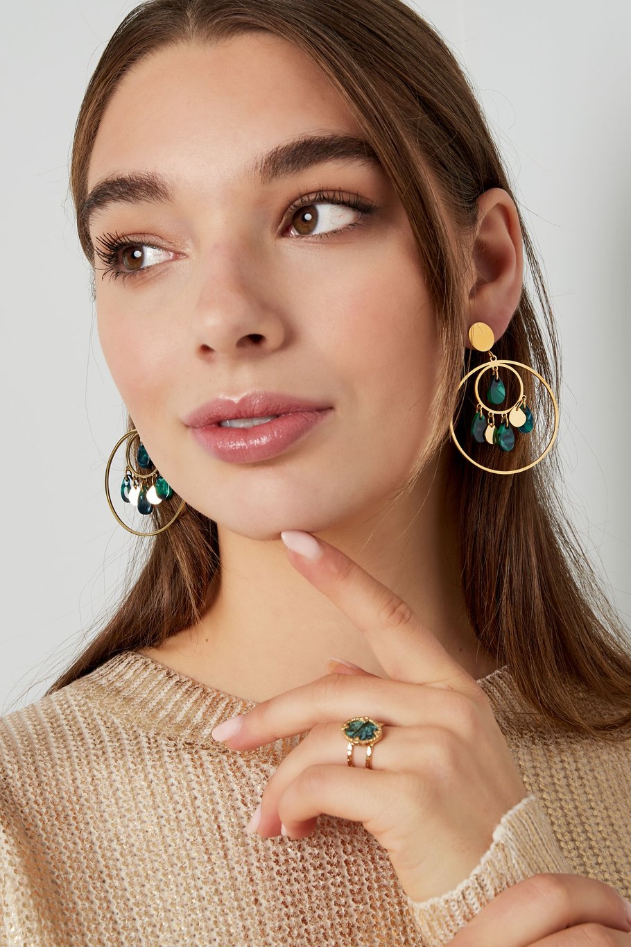 Earrings circles with coins - Gold color/green h5Picture2